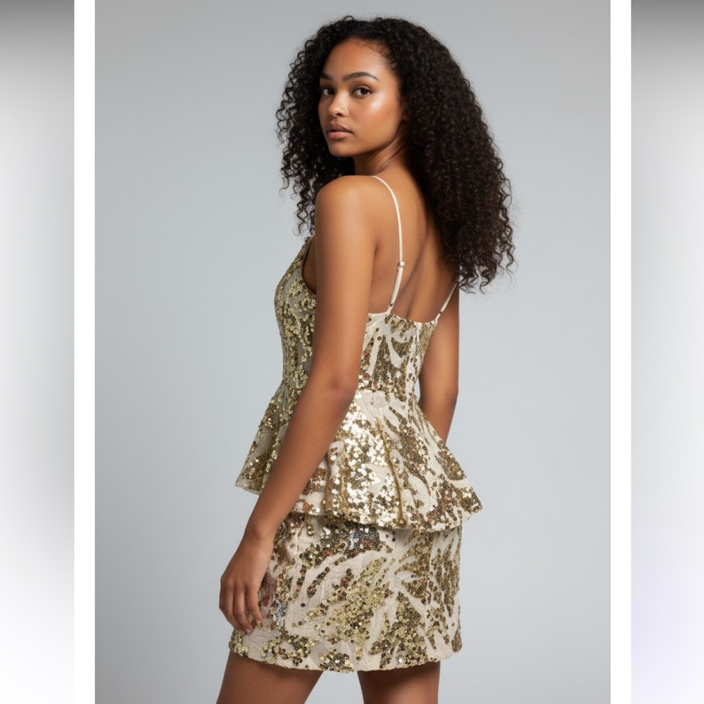 New The Sang Gold Sequin V-Neck Full Zipper Front Dress size S